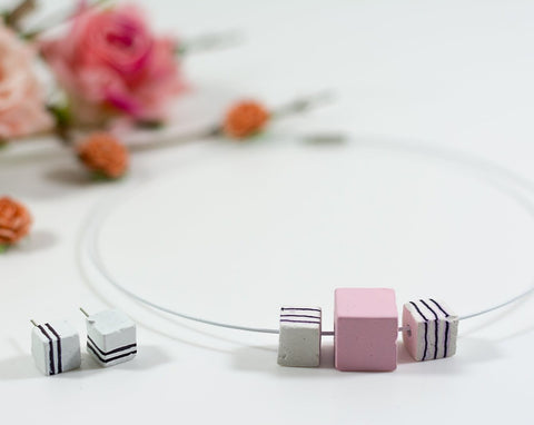 White and Pink Handpainted concrete chord Necklace and Earing Set - Eliteearth