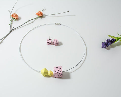 Pink and Yellow Handpainted concrete chord Necklace and Earing Set - Eliteearth